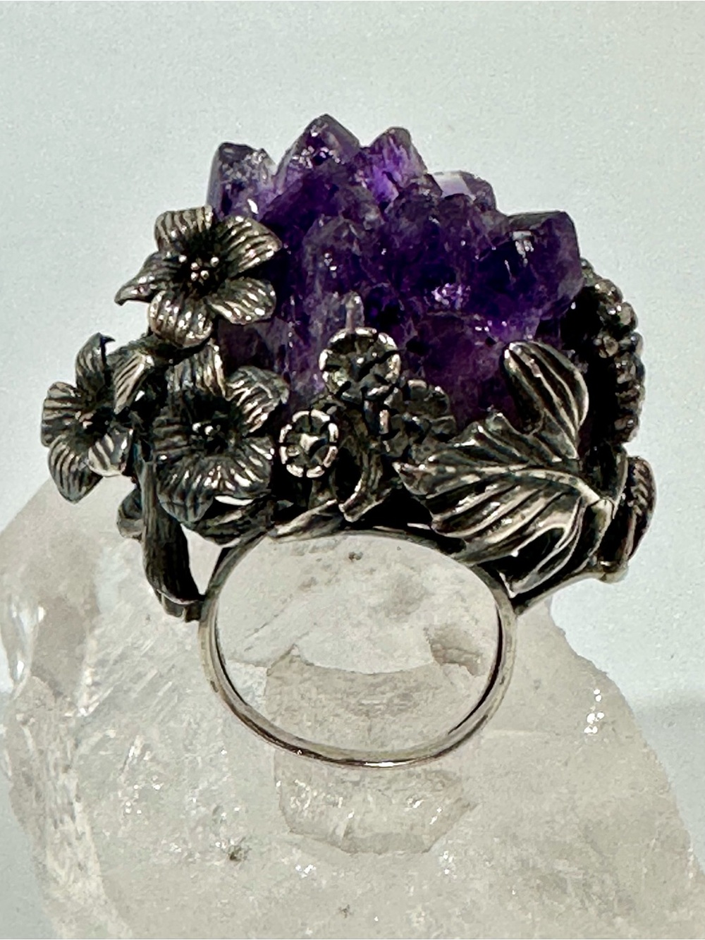 Vintage Amrita Singh Signed 925 Sterling Silver Raw Amethyst Druzy Cocktail Ring